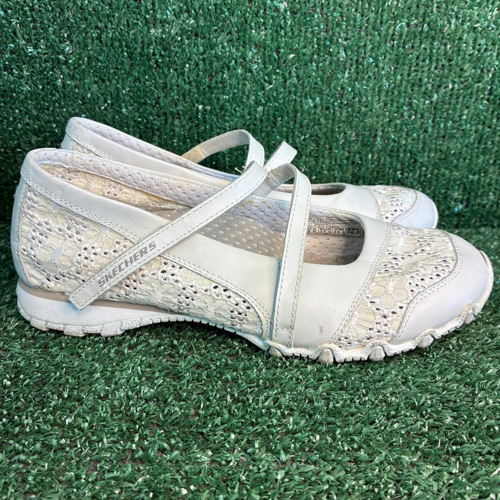 Skechers Bikers Mary Jane Crochet Lace Strappy Comfort Flat Off White Womens 7.5